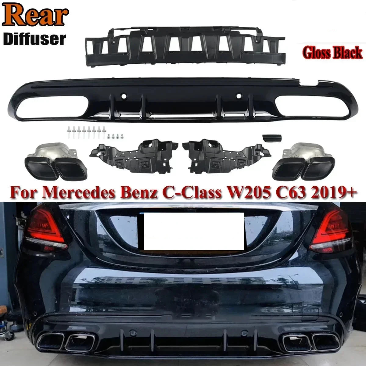 MERCEDES 15-21 W205 AMG BLACK COMPLETE BUMPER DIFFUSER EXHAUST SET C63 LOOK CAR Accessories