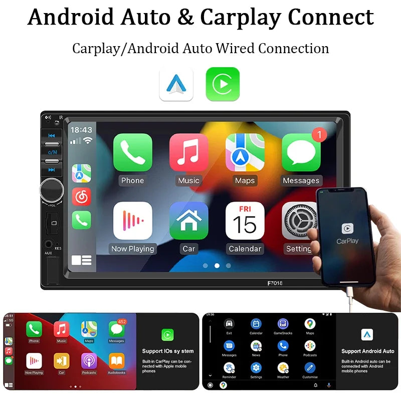 7“ Car Radio 1 Din Carplay Android Auto Multimedia Player HD Touch Screen FM AUX Input Bluetooth MirrorLink Universal Autoradio