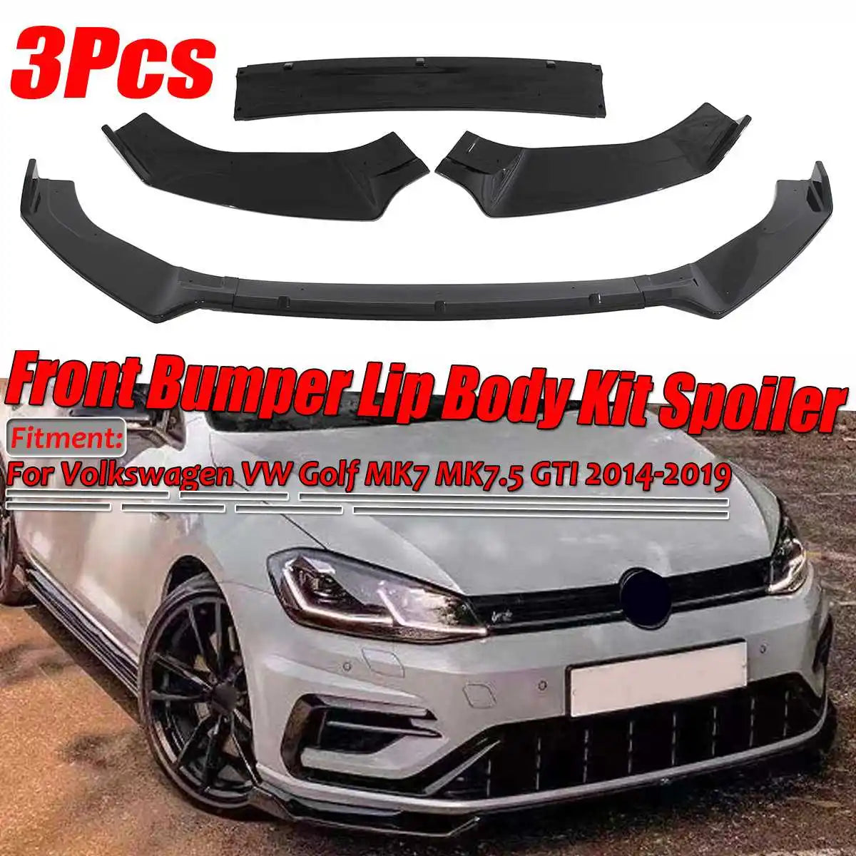 Glossy Black Front Bumper Lip Splitter For Volkswagen Golf MK7 MK7.5 GTI 2014-2019